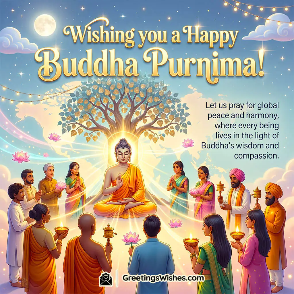 Harmony Light Buddha Purnima Peace Wish Image featuring Buddha with radiant aura surrounded by devotees from different cultures and glowing earth backdrop symbolizing unity, compassion, and global peace.