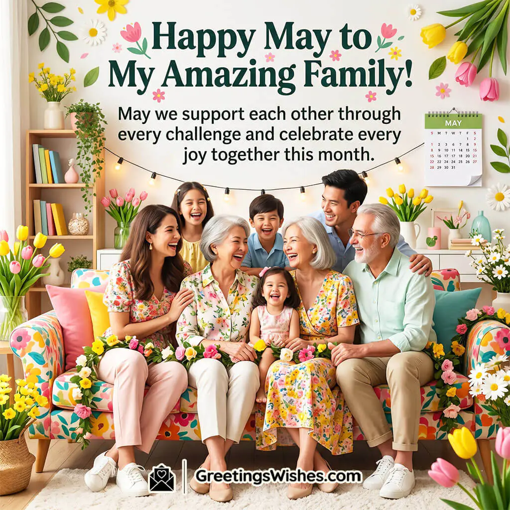 Heartfelt May Wishes for Family Image featuring a happy family sitting together with floral decor and cozy home setting symbolizing love, bonding, and togetherness.