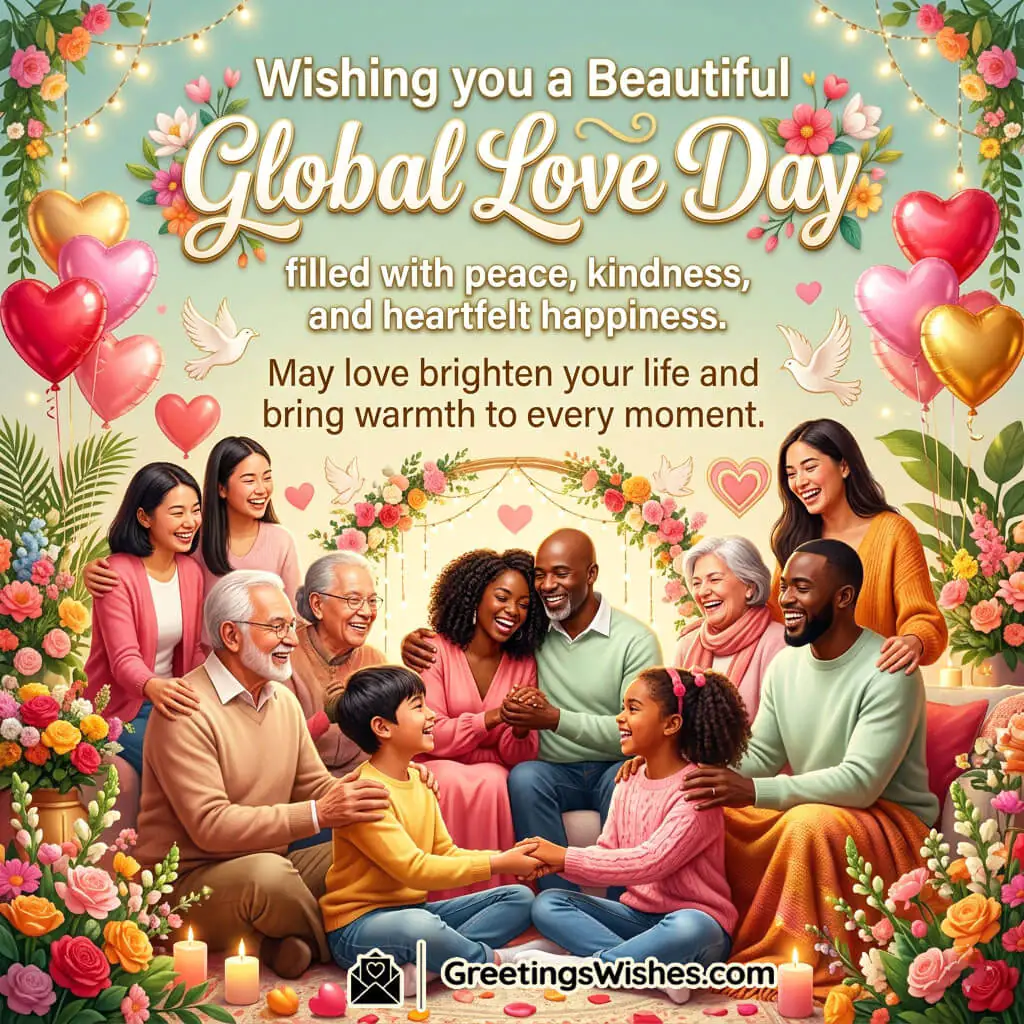 Heartwarming Global Love Day Wishes Image featuring happy families and friends with flowers, candles, and heart decorations symbolizing compassion, togetherness, and joyful connections.
