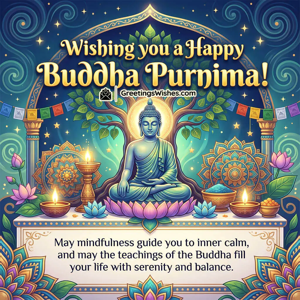 Inner Peace Buddha Purnima Calm Message Image featuring serene Buddha surrounded by mandala designs, candles, and peaceful night setting symbolizing mindfulness, balance, and inner tranquility.