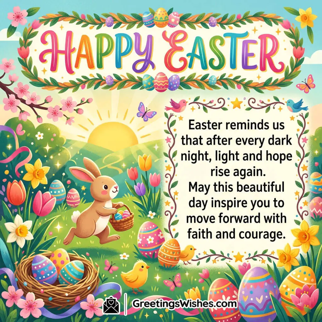 Easter inspirational message image showing sunrise, flowers, eggs, and bunny in garden symbolising hope, renewal, and new beginnings.
