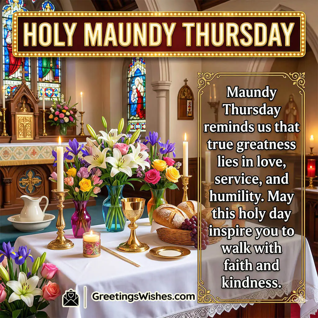 Maundy Thursday inspirational image with decorated altar, candles, bread, and flowers symbolising faith, service, and spiritual inspiration.
