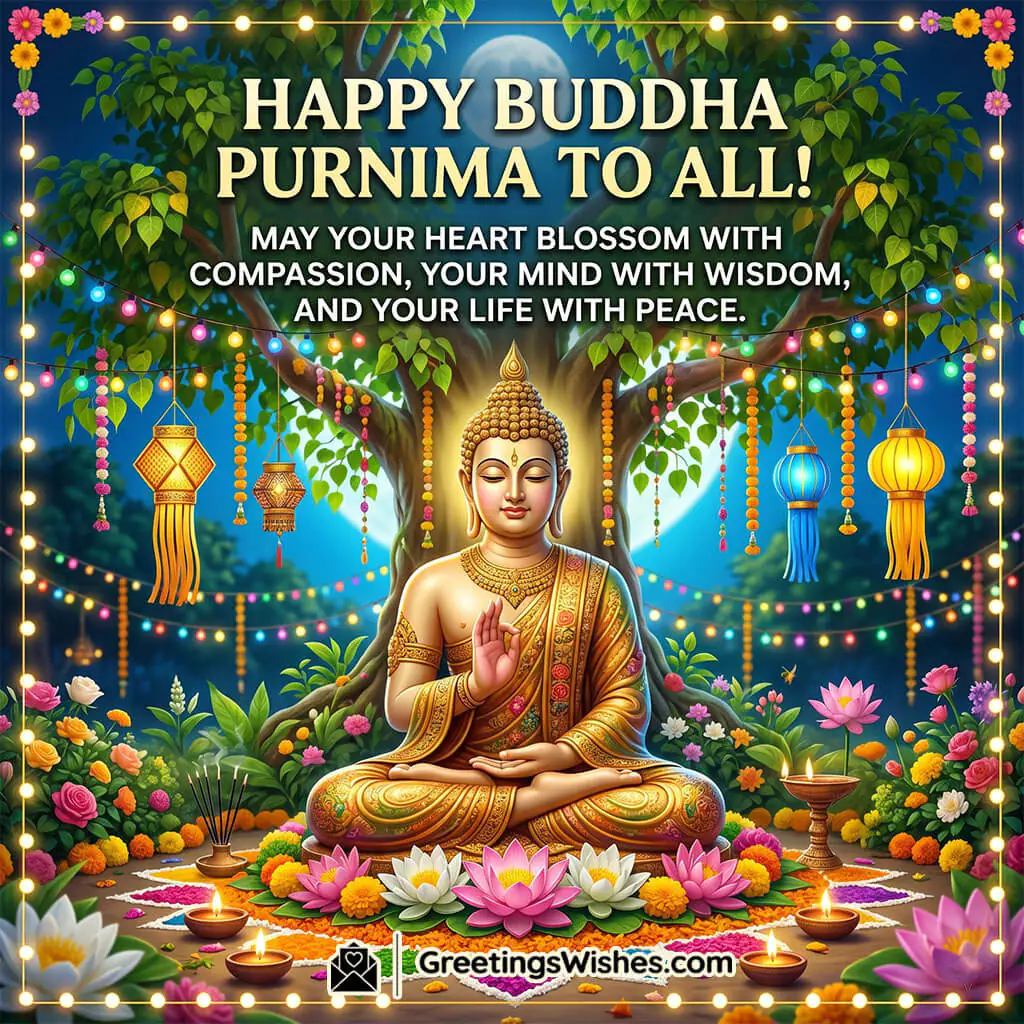 Joyful Blessings Buddha Purnima Message Image featuring decorated Buddha idol with lights, rangoli, flowers, and festive ambiance symbolizing happiness, compassion, and shared celebration.
