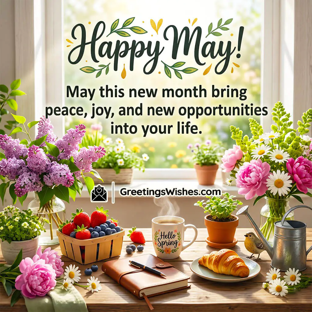 Joyful Happy May Wishes Image featuring blooming flowers, greenery, breakfast setup, and soft morning light symbolizing joy, peace, and new opportunities in the month.