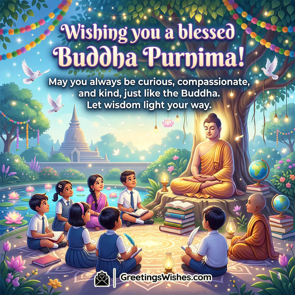 Learning Wisdom Buddha Purnima Wish Image featuring children sitting around Buddha with books and lamps in a calm garden setting symbolizing knowledge, kindness, and moral learning.