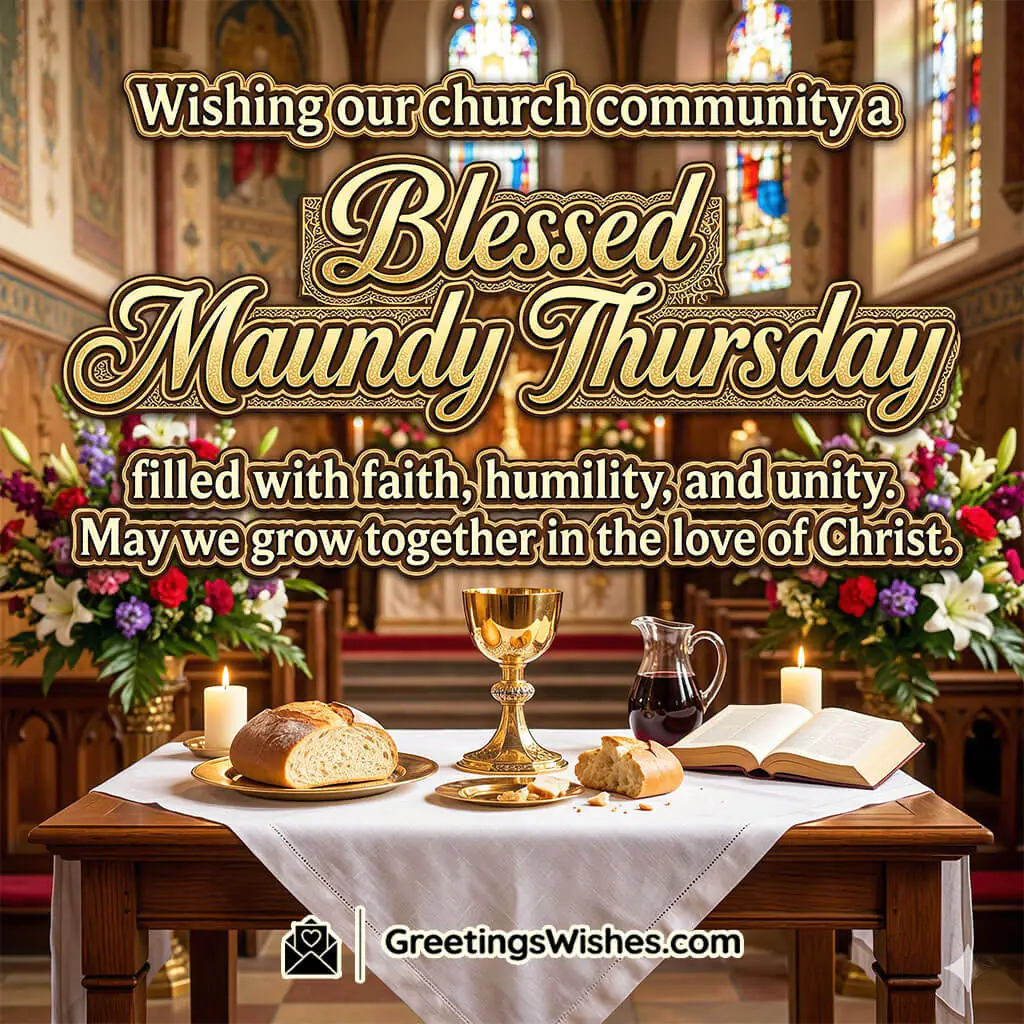Maundy Thursday church community image featuring altar with bread, wine, Bible, candles, and flowers symbolising unity, faith, and worship.