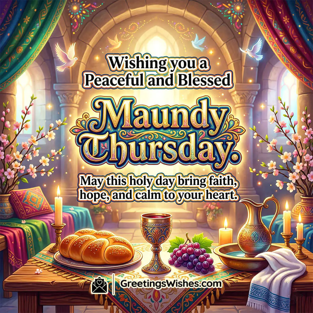 Maundy Thursday coworkers message image showing peaceful table with bread, grapes, candle, and flowers symbolising harmony, positivity, and blessings.