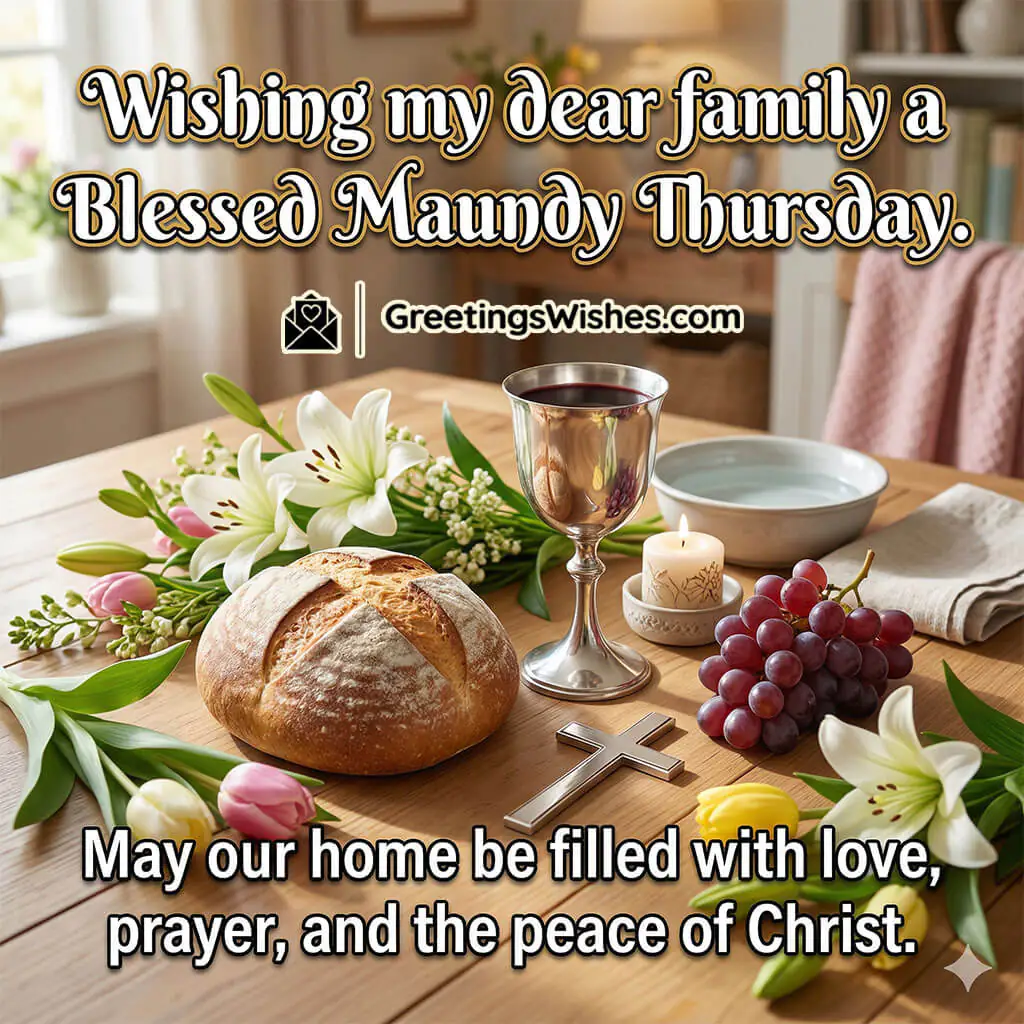 Maundy Thursday family message image showing bread, grapes, cross, candle, and soft flowers symbolising love, prayer, and togetherness at home.