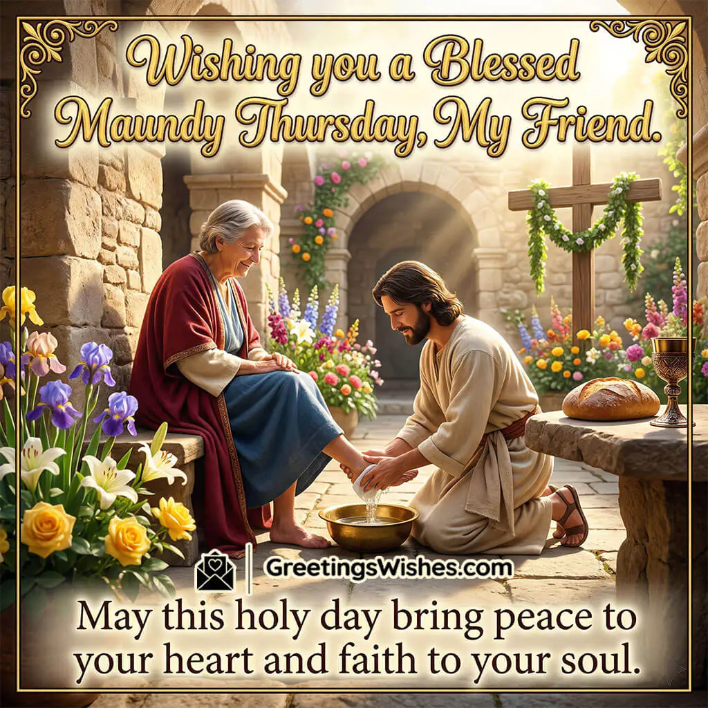 Maundy Thursday friends message image depicting Jesus washing feet with flowers and cross symbolising humility, kindness, and friendship.