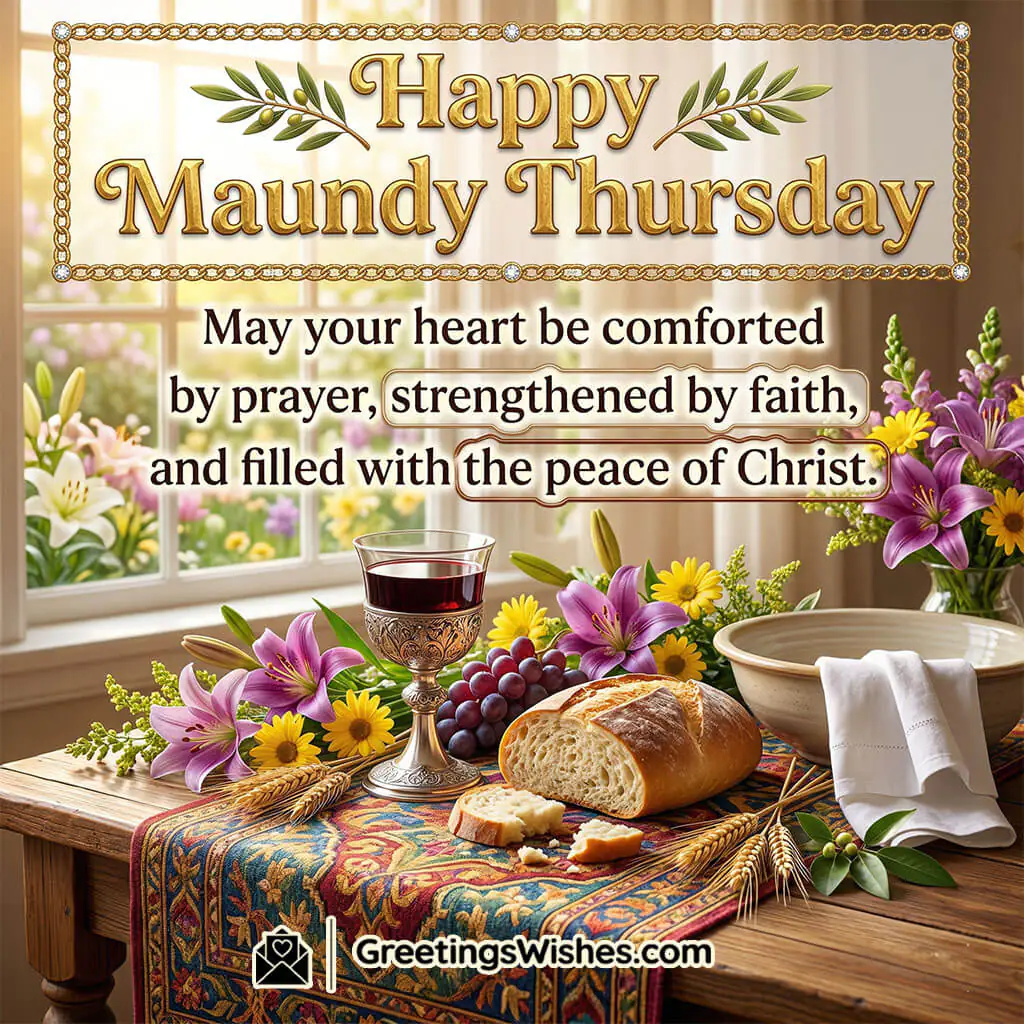 Maundy Thursday loved ones message image with warm lighting, bread, grapes, candle, and flowers symbolising love, care, and peace.