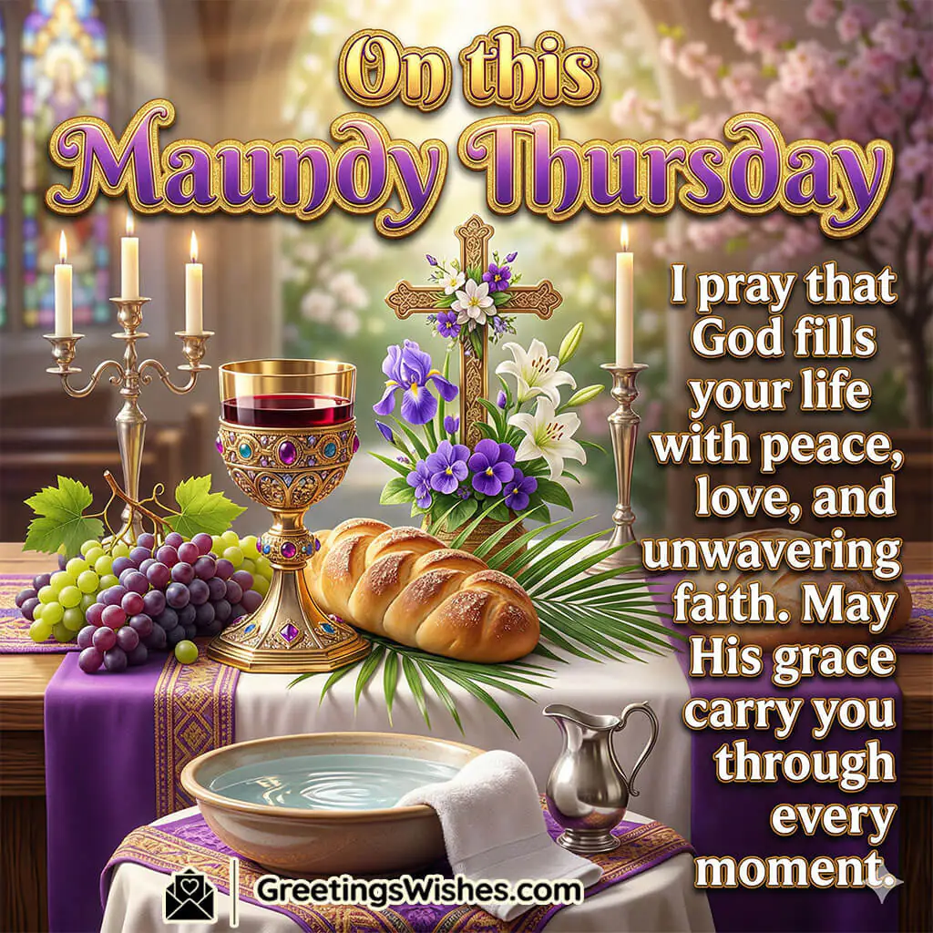 Maundy Thursday prayer image showing chalice, bread, cross, candles, and floral arrangement symbolising prayer, grace, and spiritual strength.