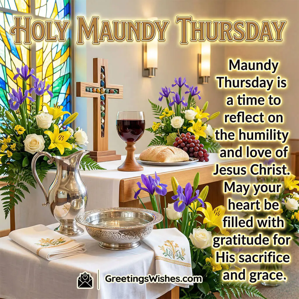 Maundy Thursday reflection image featuring cross, candles, flowers, and sacred elements symbolising gratitude, humility, and Christ’s sacrifice.