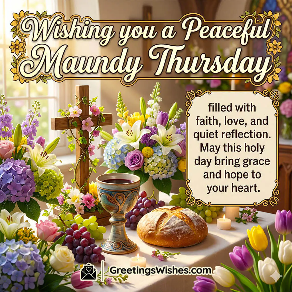 Maundy Thursday greeting image featuring cross, bread, wine, flowers, and candles symbolising faith, peace, and holy reflection.
