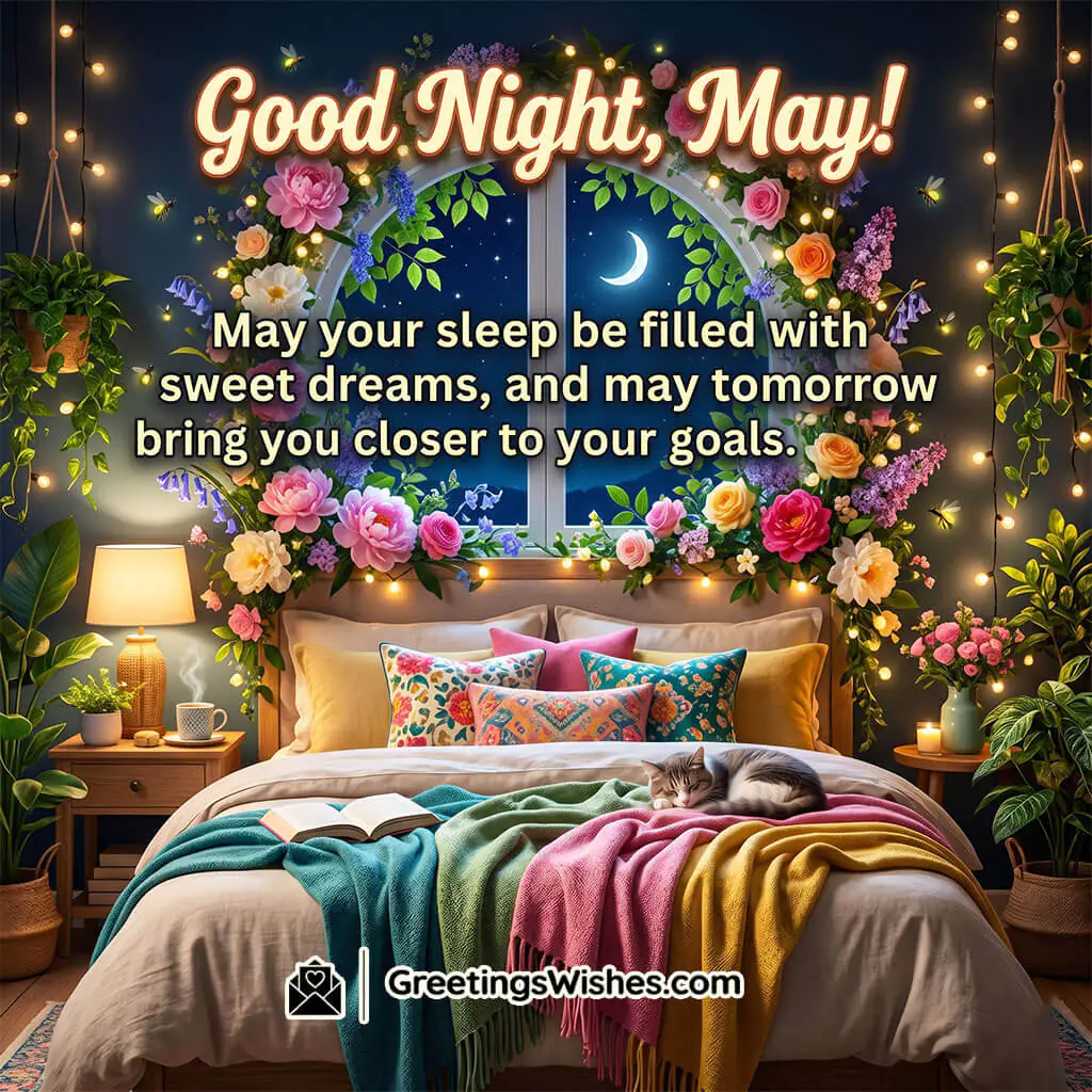 Peaceful May Good Night Message Image featuring cosy bedroom, glowing fairy lights, moonlit window, flowers, and sleeping cat symbolizing calmness, sweet dreams, and restful night.