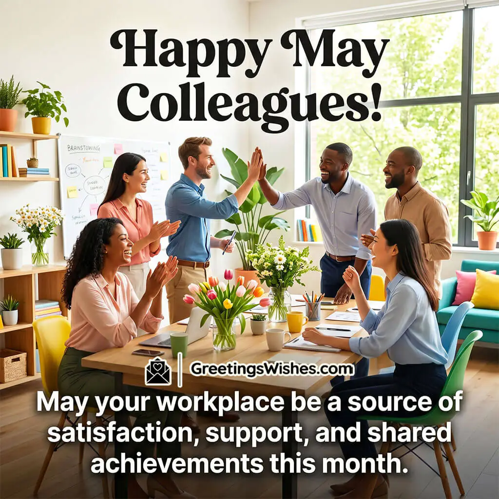 Positive May Workplace Wishes Image featuring office team celebrating together with modern workspace and greenery symbolizing teamwork, success, and motivation.