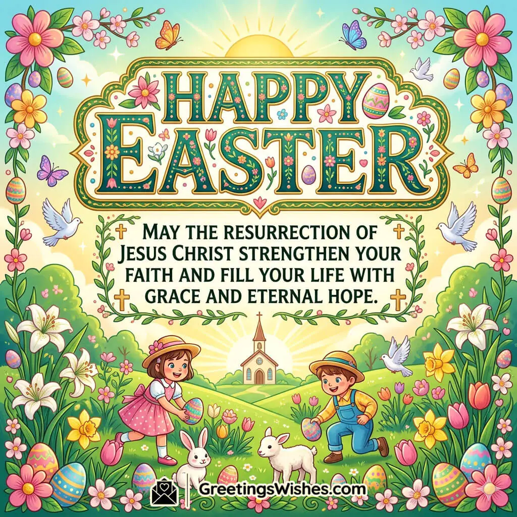 Easter religious message image showing church, cross, sunrise, and children with flowers symbolising resurrection, faith, and divine blessings.