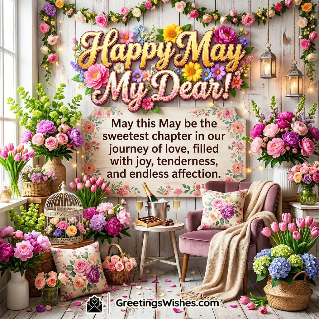 Romantic May Love Message Image featuring soft floral decor, cozy seating, and warm lighting symbolizing love, affection, and special moments together.