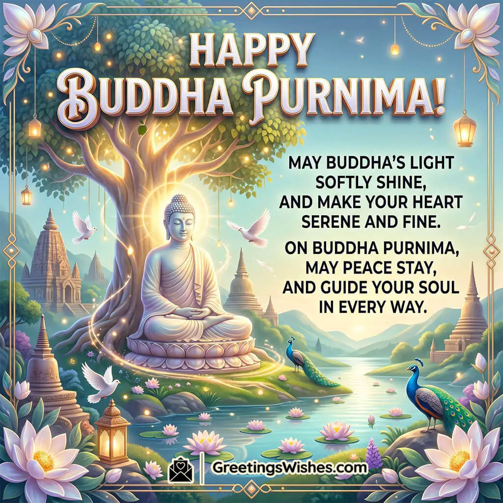 Serene Verse Buddha Purnima Quote Image featuring artistic scene of Buddha under a glowing tree with flowing lights, birds, and temple background symbolizing poetic peace, beauty, and soulful reflection.