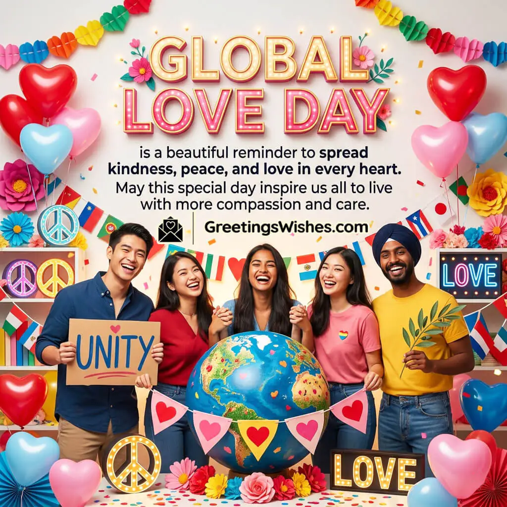Spread Kindness Global Love Day Message Image featuring diverse people celebrating together with globe, hearts, and flags symbolizing unity, peace, and love across the world.