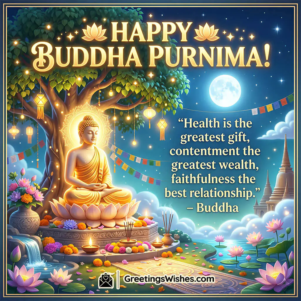 Timeless Wisdom Buddha Purnima Quote Image featuring Buddha statue near flowing water, glowing lights, and temple landscape symbolizing wisdom, reflection, and meaningful life guidance.