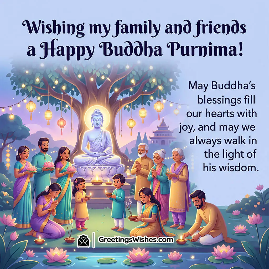 Warm Wishes Buddha Purnima Family Blessing Image featuring family and friends offering prayers near Buddha under a glowing tree with lamps and lotus flowers symbolizing togetherness, blessings, and shared happiness.