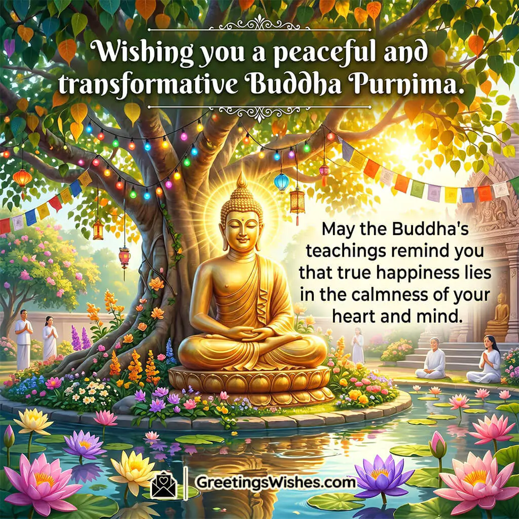 Wisdom Path Buddha Purnima Message Image featuring Buddha statue near a serene pond with devotees and blooming lotus flowers symbolizing inner peace, mindfulness, and life guidance.
