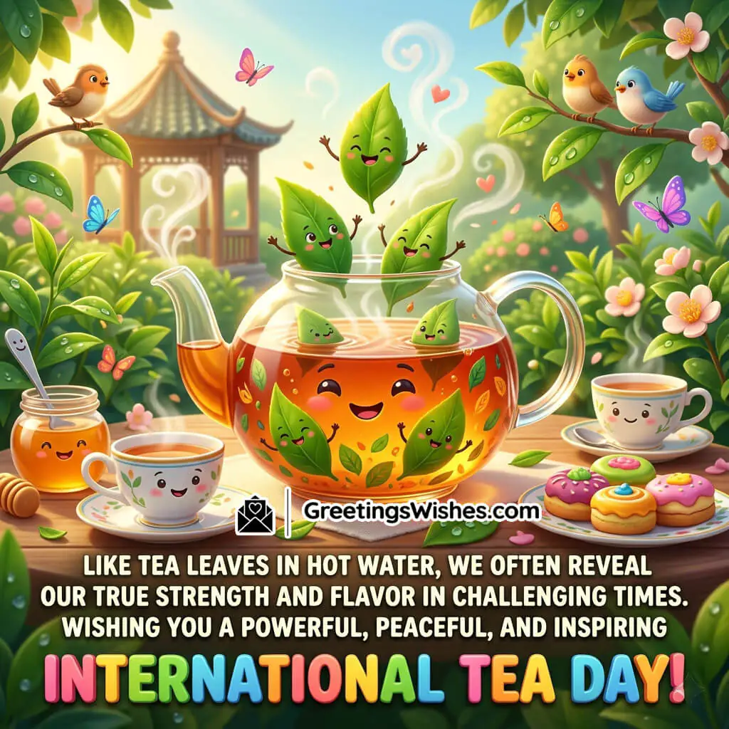 Inspirational International Tea Day Quote Image featuring cheerful tea leaves dancing inside a glowing teapot with peaceful garden scenery symbolizing strength, positivity, and inner growth.