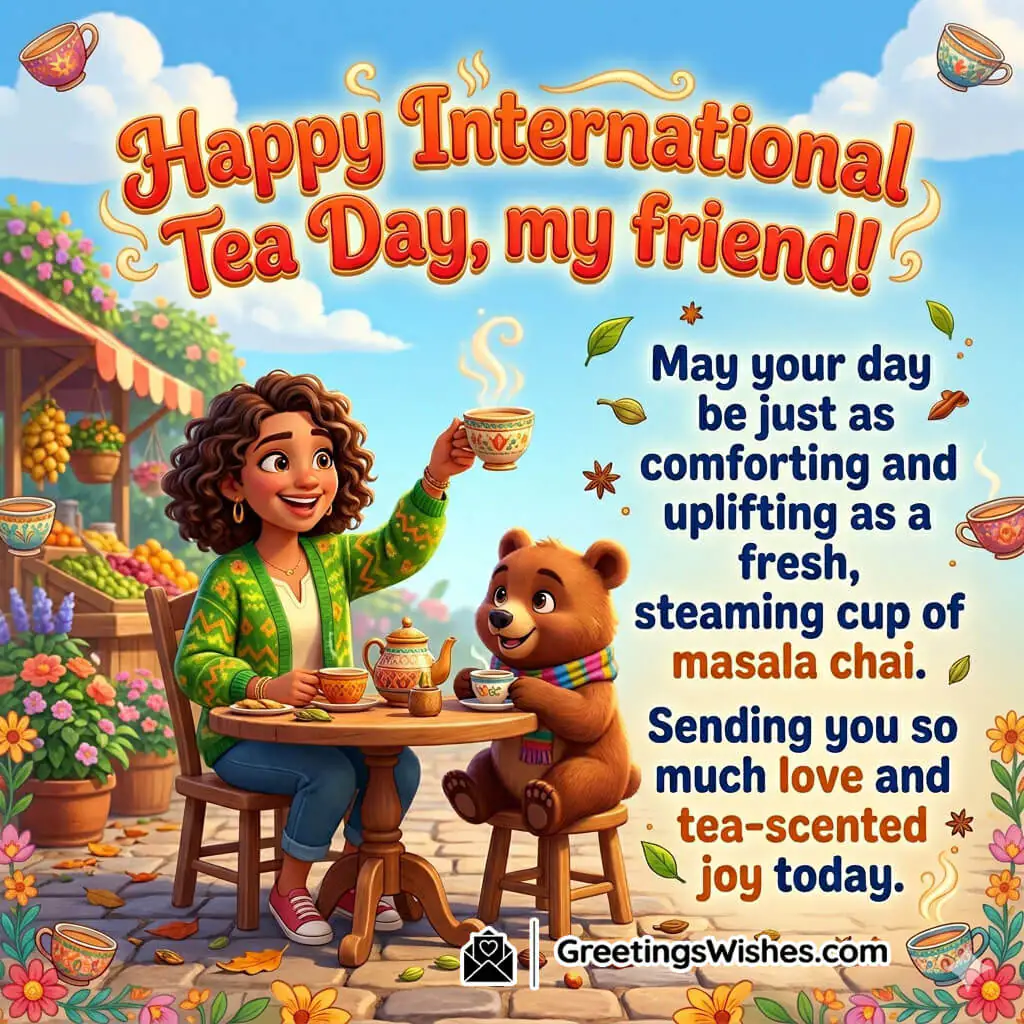 International Tea Day Friendship Wishes Image featuring friends enjoying steaming masala chai at a cheerful outdoor tea table symbolizing friendship, warmth, and joyful conversations.