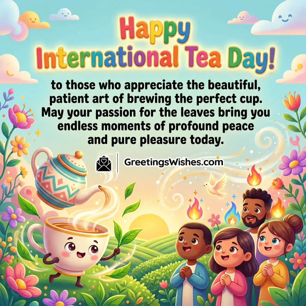 International Tea Day Message for Tea Lovers Image featuring a magical tea cup with swirling steam and joyful tea themed characters symbolizing peace, passion, and love for tea.