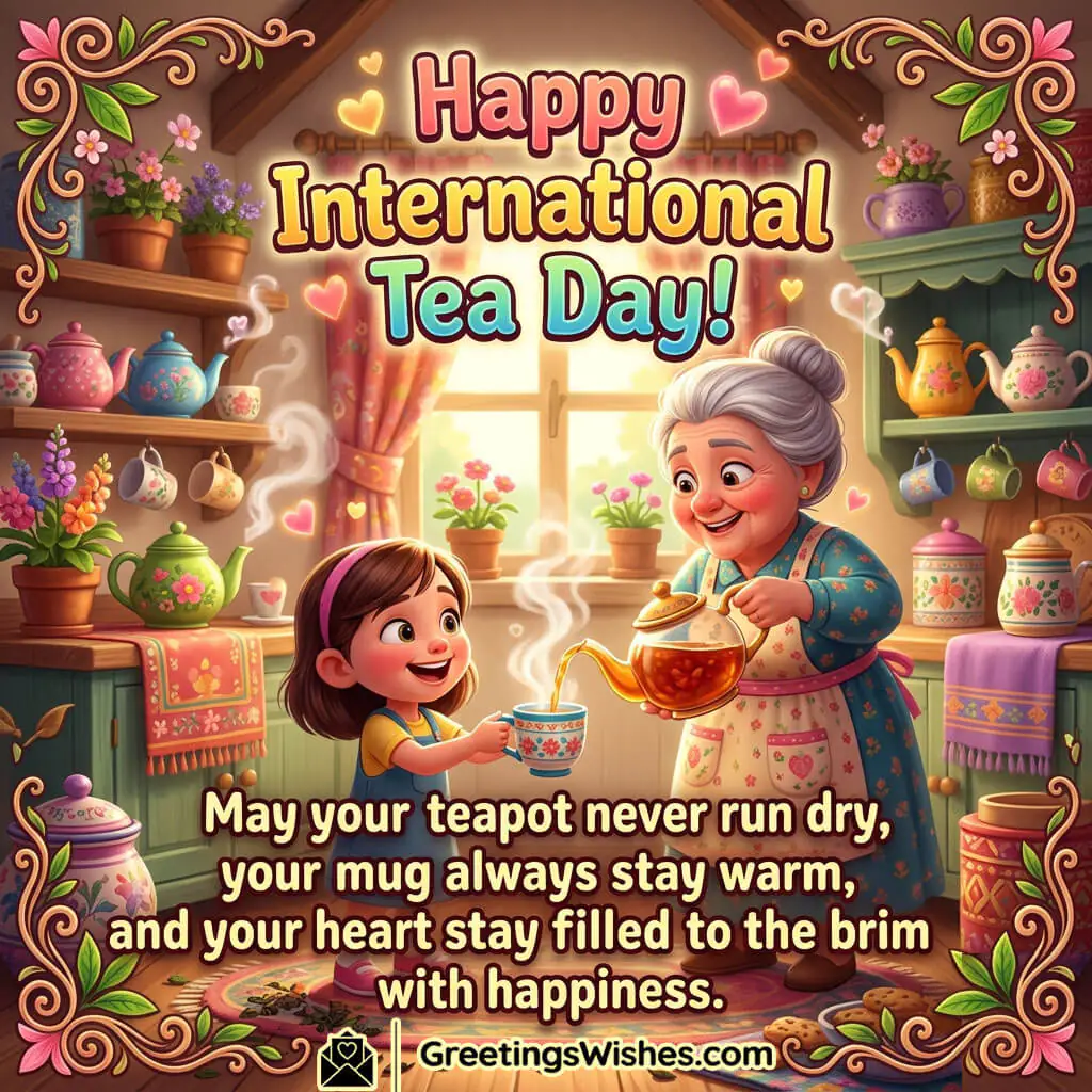 International Tea Day Wishes Image featuring a grandmother serving warm tea to a smiling child in a cozy kitchen symbolizing comfort, happiness, and heartfelt togetherness.