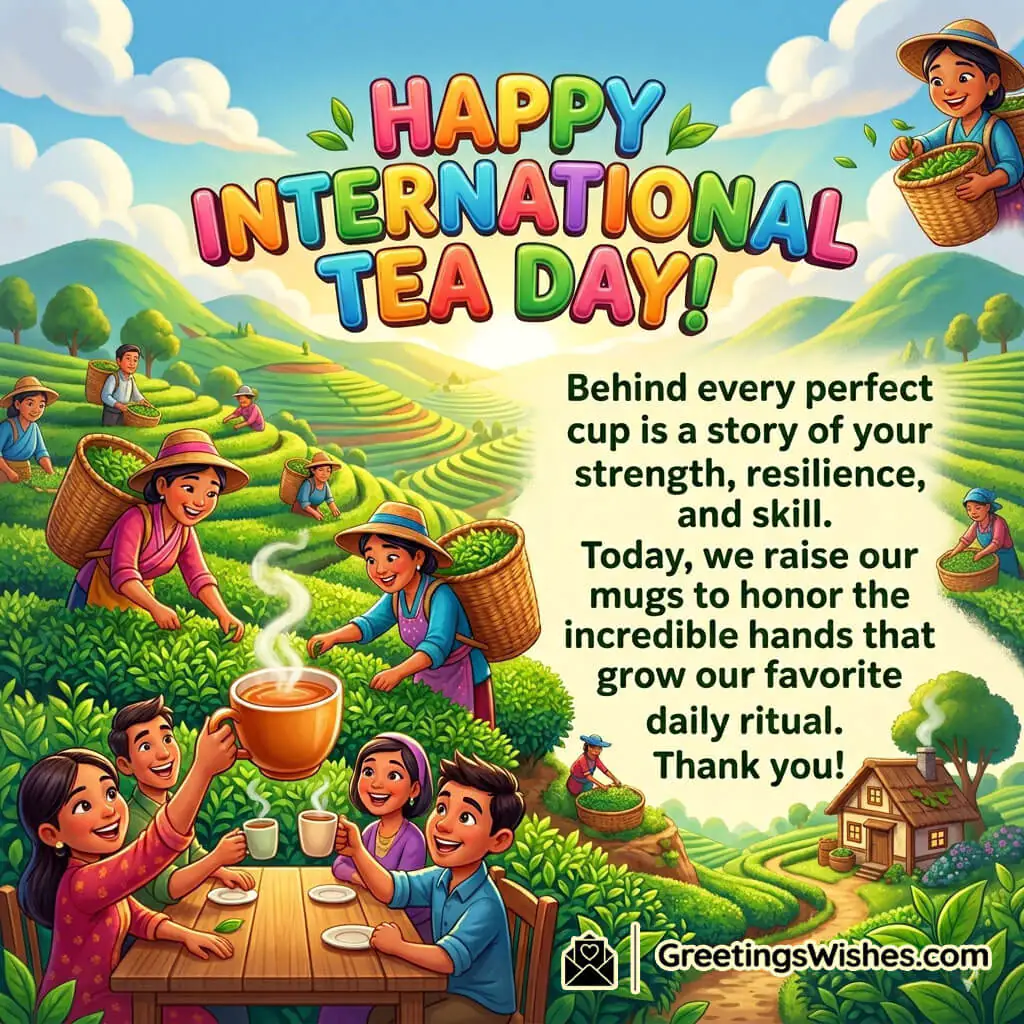Thank You Tea Farmers Message Image featuring hardworking tea farmers in lush green tea gardens sharing warm tea together symbolizing dedication, resilience, gratitude, and community spirit.