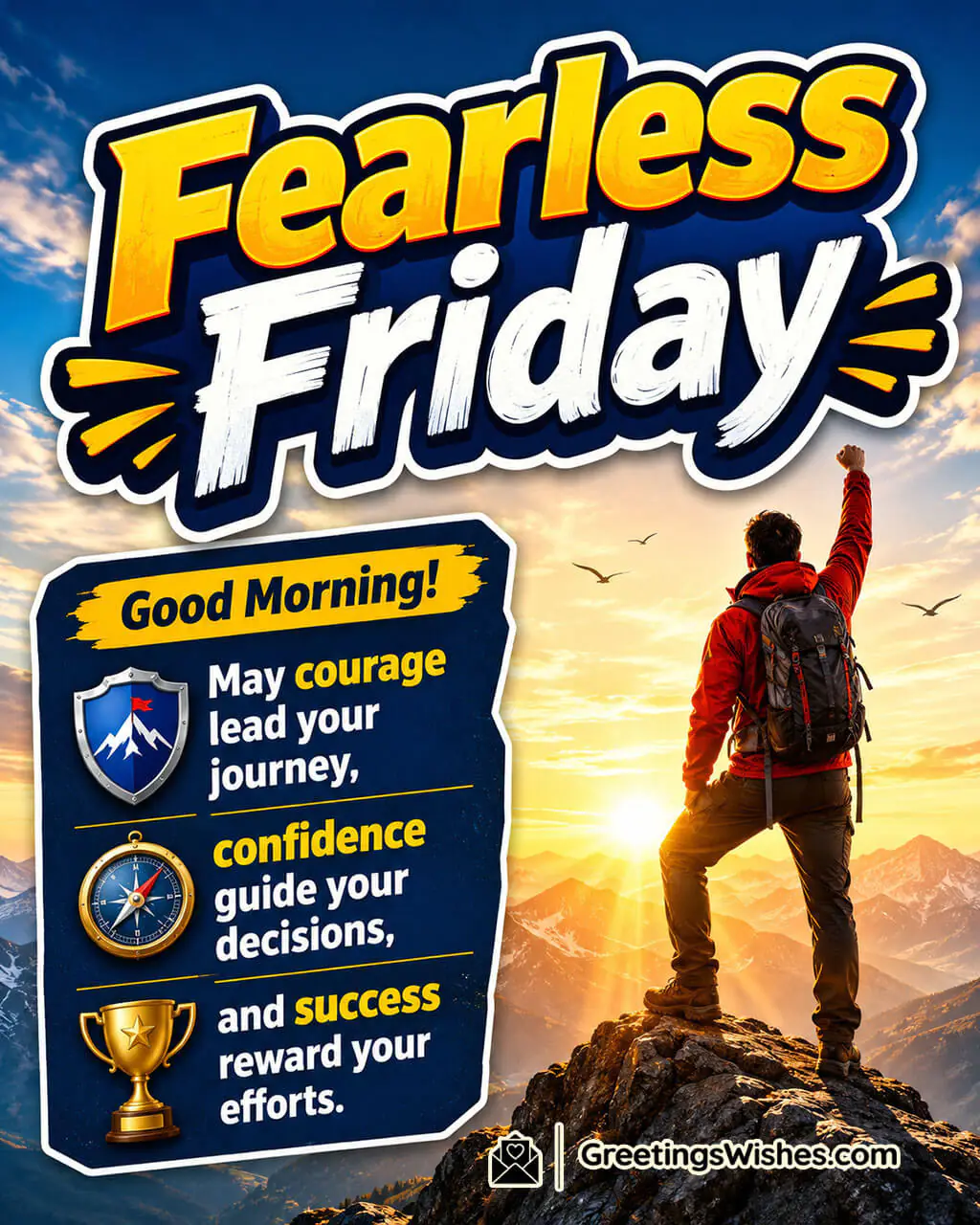 Fearless Friday Good Morning Blessings Image featuring a confident adventurer standing on a mountain peak at sunrise with symbols of courage, guidance, and achievement symbolizing confidence, determination, success, and a fearless start to Friday.
