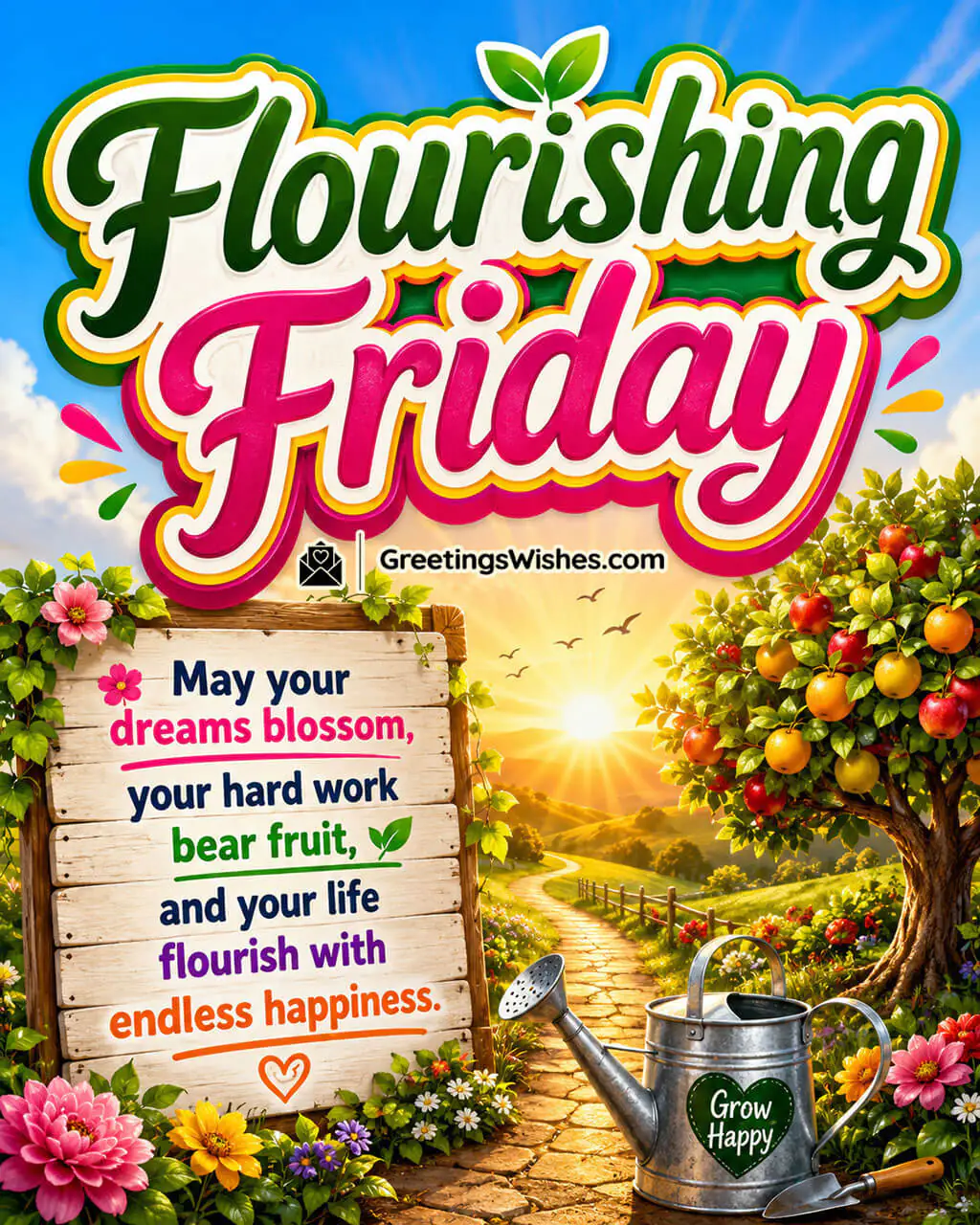 Flourishing Friday Morning Blessings and Wishes Image featuring a bright countryside sunrise, fruit laden trees, blooming flowers, a garden path, and a watering can symbolizing blossoming dreams, fruitful hard work, growth, and endless happiness.