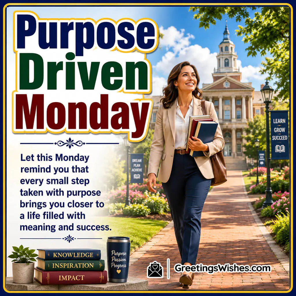 Purpose Driven Monday Quote Image featuring a confident school teacher walking toward a beautiful campus symbolizing purpose and meaningful success.