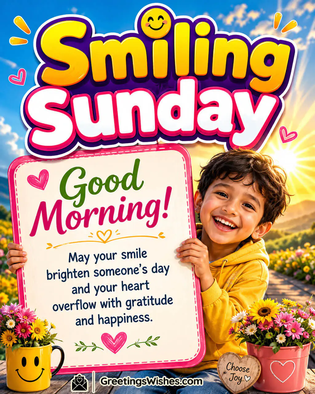 Smiling Sunday Morning Greeting Image featuring a warm smiling expression and bright morning elements symbolizing gratitude and happiness.