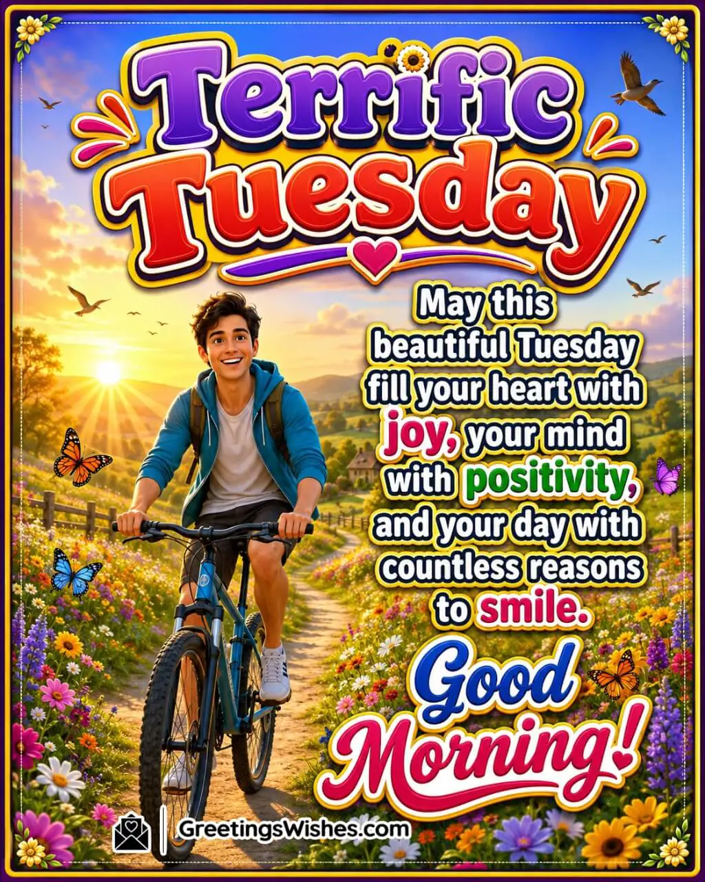 Terrific Tuesday Morning Blessings Wish Image featuring a cheerful cyclist riding through a flower lined sunrise path with butterflies and birds symbolizing joy, positivity, and a bright start to the day.