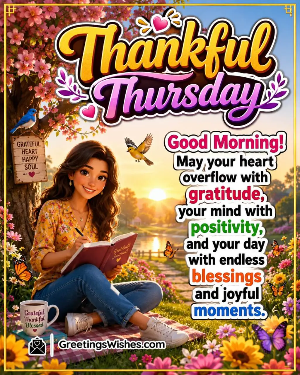 Thankful Thursday Morning Blessings and Wishes Image featuring a cheerful person writing in a gratitude journal beneath a flowering tree at sunrise symbolizing gratitude, positivity, and abundant blessings.