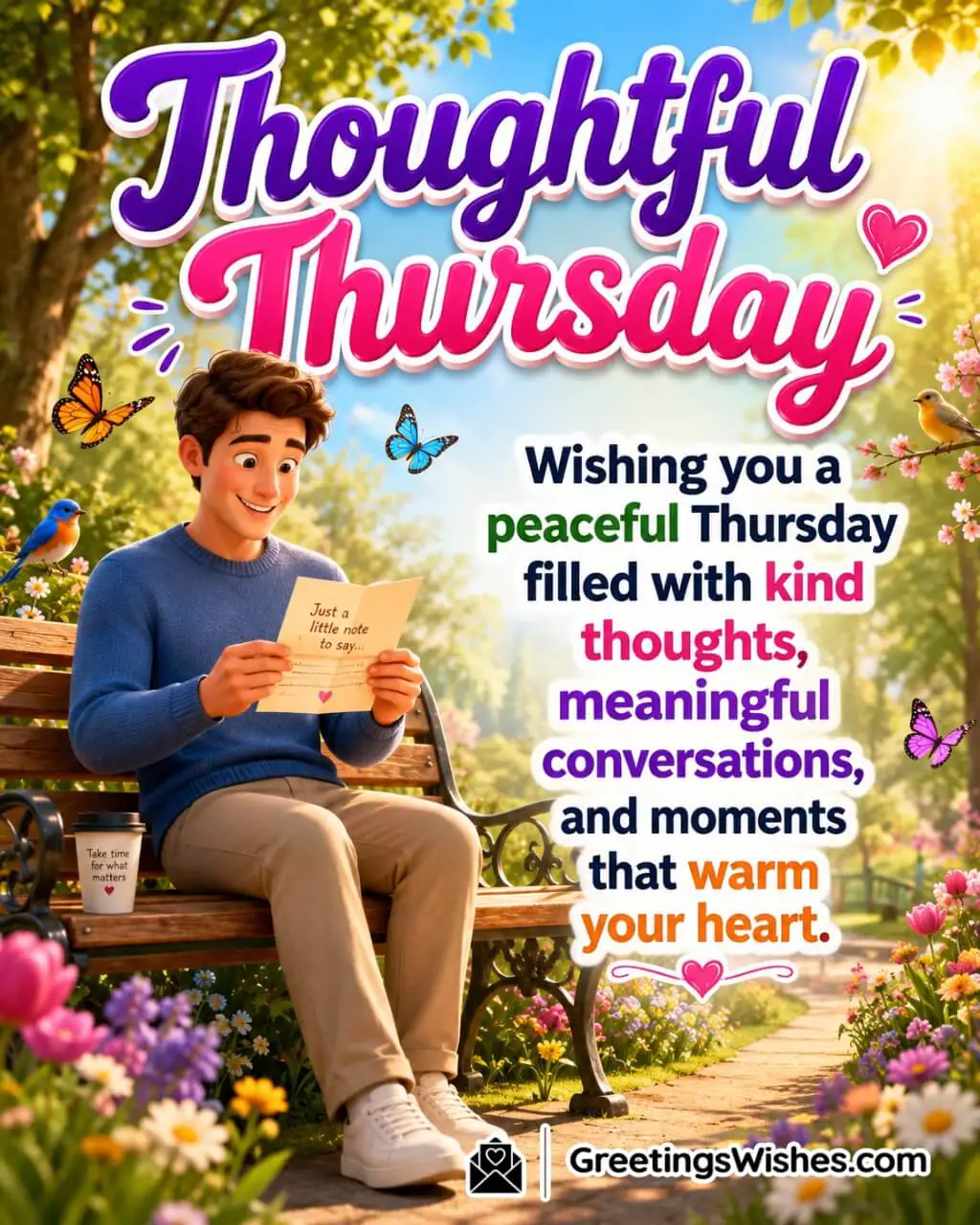 Thoughtful Thursday Blessings and Wishes Image featuring a cheerful person reading a meaningful letter on a peaceful park bench surrounded by flowers symbolizing kindness and heartfelt moments.
