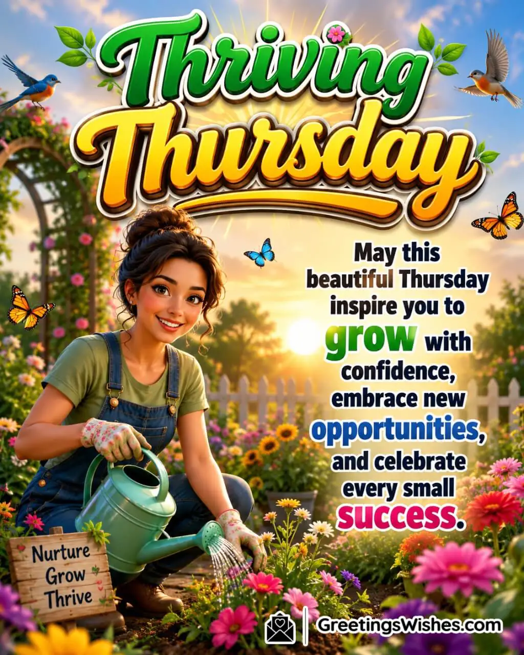 Thriving Thursday Morning Blessings Image featuring a young gardener nurturing blooming flowers in a vibrant sunrise garden symbolizing growth, confidence, and new opportunities.