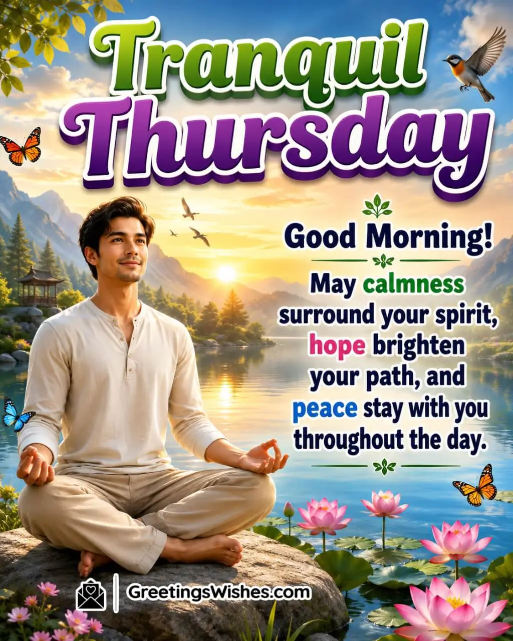 Tranquil Thursday Morning Wishes Image featuring a peaceful person meditating beside a calm lake with lotus flowers at sunrise symbolizing serenity, hope, and inner peace.