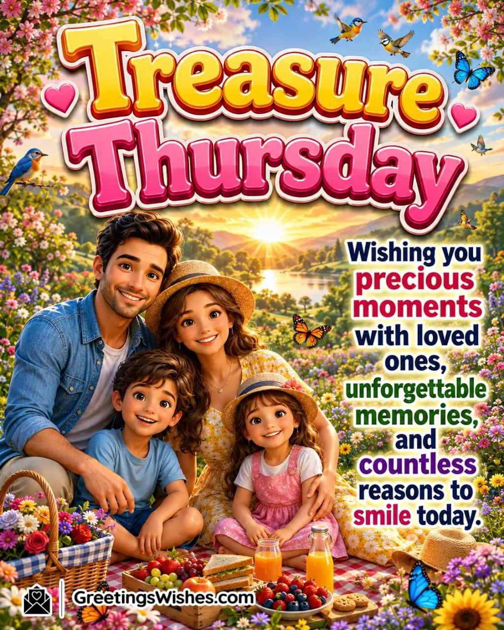 Treasure Thursday Morning Blessings Image featuring a happy family enjoying a beautiful sunrise picnic in a flower filled meadow symbolizing precious moments and joyful memories.