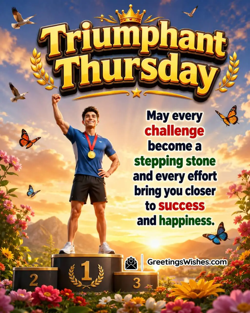 Triumphant Thursday Success Blessings Image featuring a joyful athlete celebrating victory under radiant sunrise light symbolizing determination, achievement, and happiness.