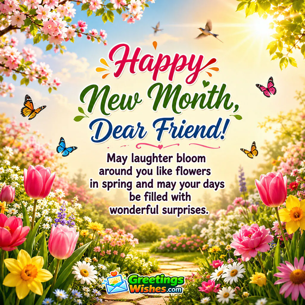 Happy New Month Dear Friend Happiness Wish featuring a vibrant spring garden filled with colourful flowers, butterflies, birds and a sunlit pathway, symbolising friendship, laughter, joy and delightful surprises.
