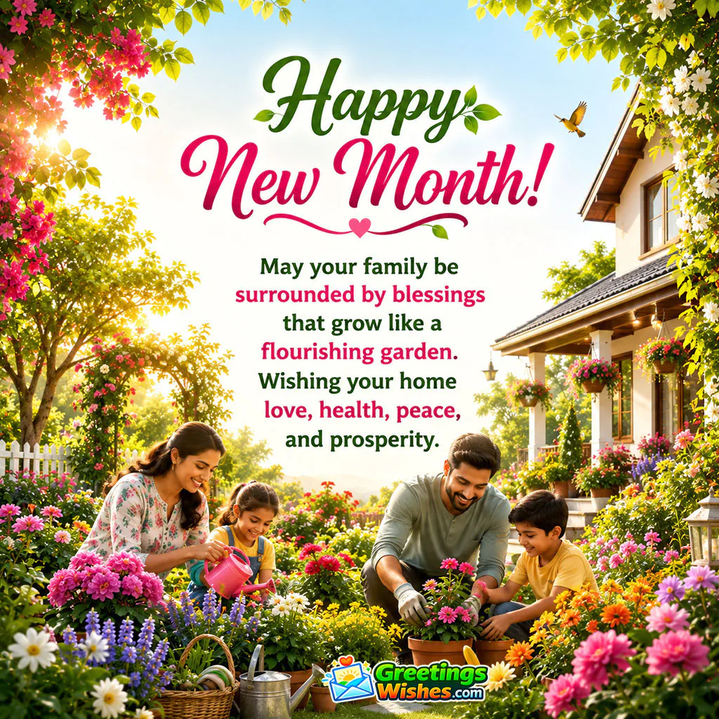 Happy New Month Family Blessings and Prosperity Wish featuring a happy family caring for a flourishing flower garden beside a welcoming home, symbolising love, health, peace, togetherness and prosperity.