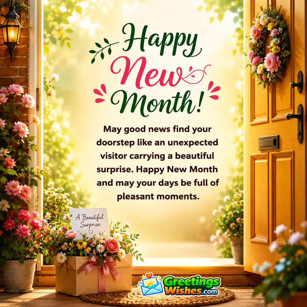 Happy New Month Good News Surprise Wish Image featuring a welcoming doorway surrounded by flowers, a beautifully wrapped gift and a bright garden beyond, symbolising unexpected pleasant news and joyful moments.