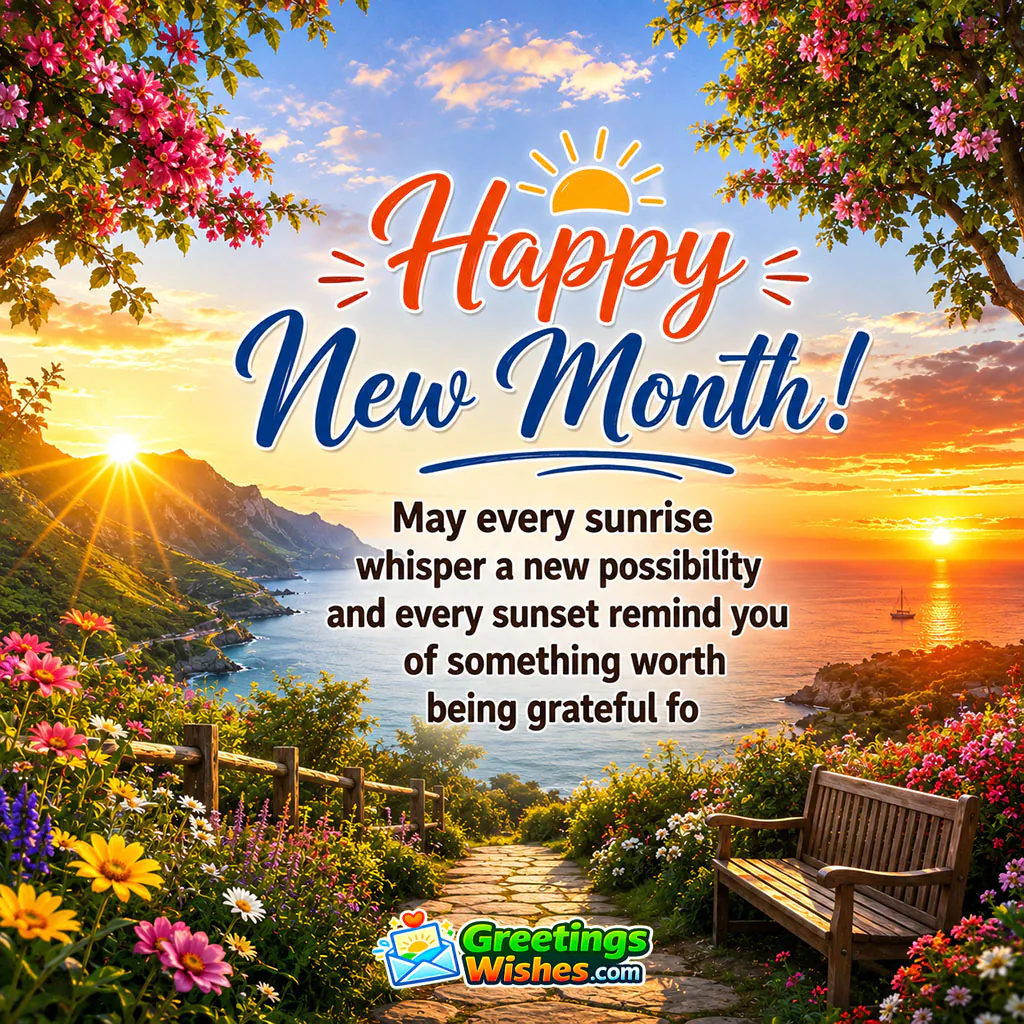 Happy New Month Gratitude and New Possibilities Wish featuring a scenic coastal sunrise, flower-lined pathway, peaceful ocean, distant mountains and a garden bench, symbolising fresh possibilities and appreciation for life's beautiful moments.