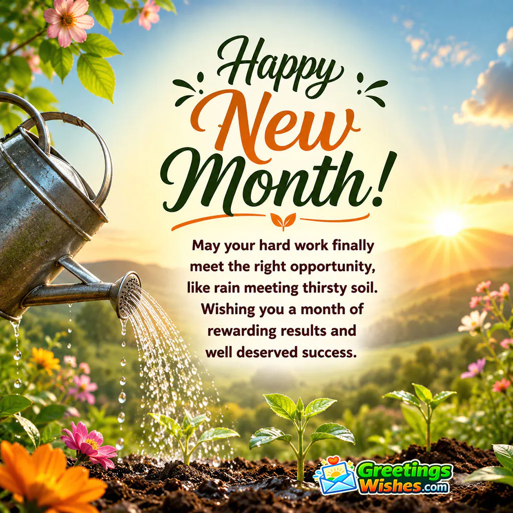Happy New Month Hard Work and Success Wish featuring a watering can nourishing young green plants in fertile soil beneath a golden sunrise, surrounded by flowers, symbolising effort, growth and well-deserved results.
