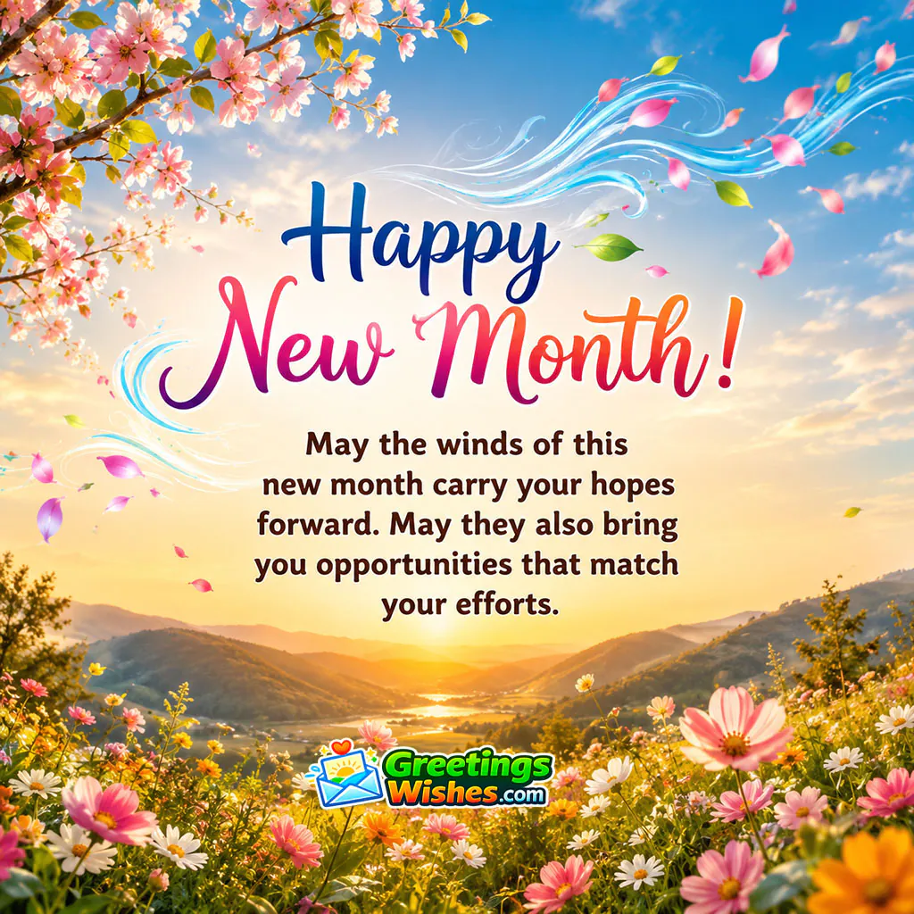 Happy New Month Hope And Opportunity Wish featuring a glowing sunrise over a peaceful valley, blossoming flowers and flowing petals carried by a gentle breeze, symbolising forward movement, hope and rewarding opportunities.