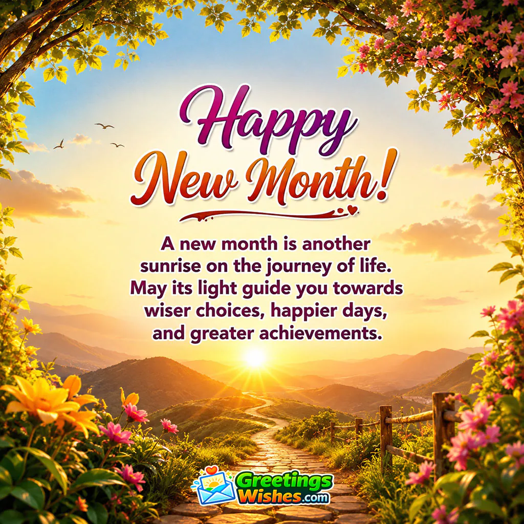 Happy New Month Life Journey And Achievement Wish featuring a sunlit mountain valley, winding stone pathway and colourful flowers beneath a glowing sky, symbolising personal growth, wise choices and brighter achievements.