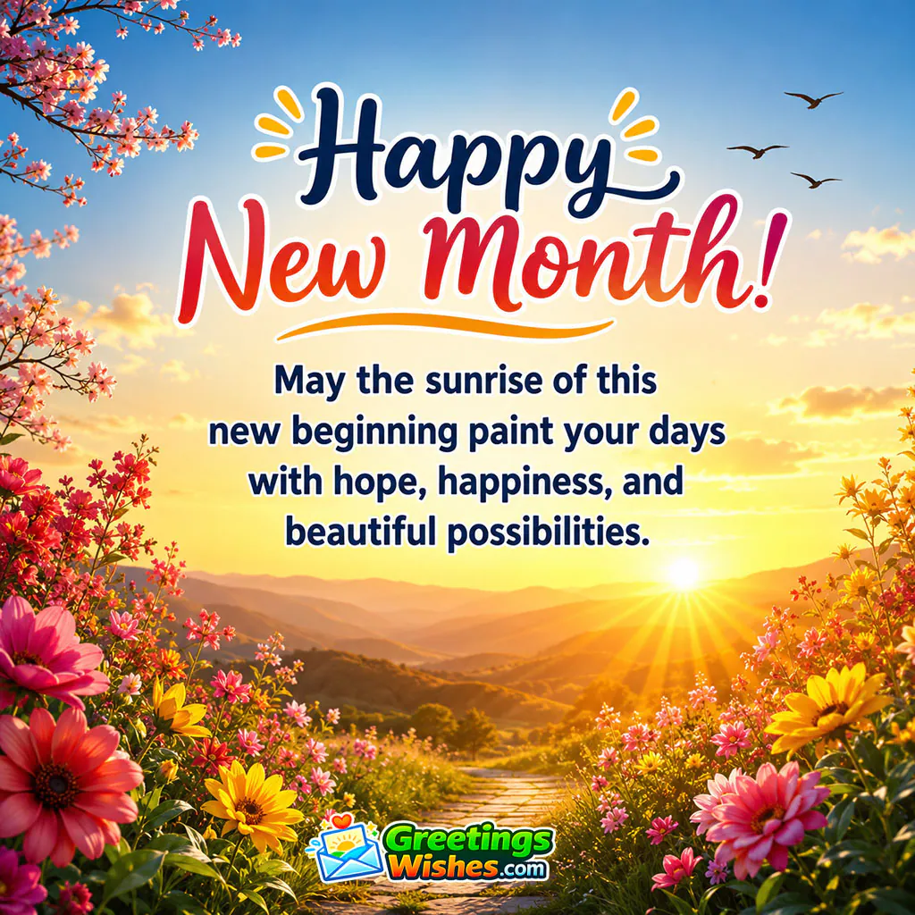 Happy New Month New Beginning Wish Image featuring a radiant sunrise over peaceful mountains, a flower-filled garden path, blossoming branches and birds in the sky, symbolising hope, happiness and fresh possibilities.